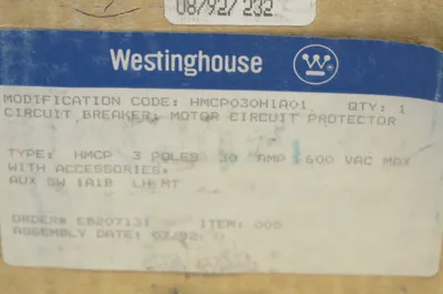 NEW WESTINGHOUSE HMCP030H1A01 CIRCUIT BREAKER 3 POLE 30 AMP 600 VAC