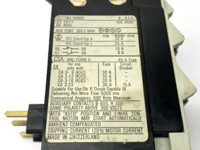 USED SPRECHER + SCHUH THERMAL OVERLOAD RELAY 6-9.5A