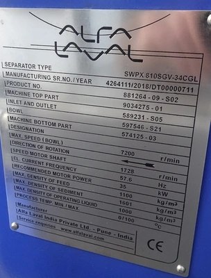 Alfa-Laval Pure SOx (SWPX 810 SGV-34CGL) clarifier module, 316SS.