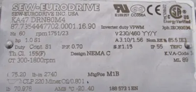 NEW SEW EURODRIVE KA47 DRN80M4 GEARMOTOR 75.20 230/460V KA47DRN80M4