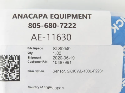 New | in-Stock SICK WL100L-F2231 Sensors California US | ANACAPA EQUIPMENT BROKERS, INC #1545485