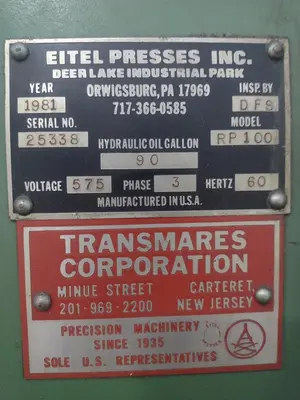 100 TON EITEL MODEL #RP100 HYDRAULIC C-FRAME PRECISION STRAIGHTENING PRESS: YOBRO #16014