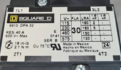 Square D 8910DPA32V14 Definite Purpose 30FLA 2 Pole 600V 24v Coil Loc4D31