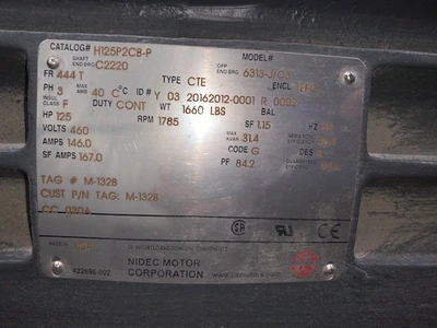 125 Hp 1785 Rpm 460v 444T US Motors AC Motor, Unused
