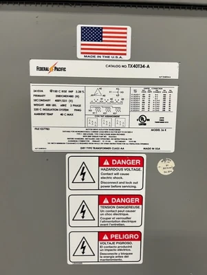 Federal Pacific 3 Phase Transformer TX40T34-A 208/240/480