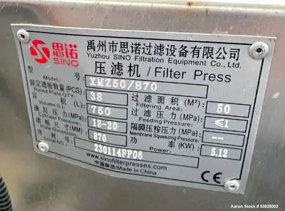 2020 SINO XMZ50/870 Filter Press – 50m², 748L, Hydraulic Plate & Frame System