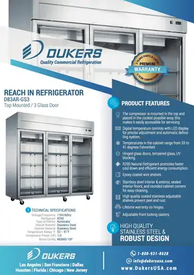 New | in-Stock Dukers New Dukers D83AR-GS3 Top Mount Glass 3-Door Commercial Reach-in Refrigerator Display Refrigerators Illinois US | Falcon Restaurant Supply #1376338
