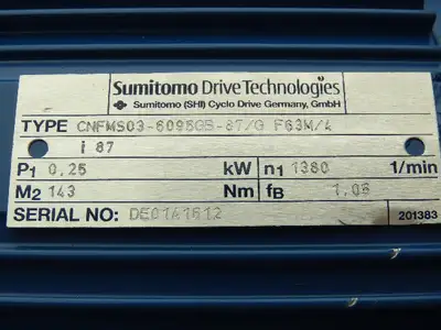 Sumitomo Cyclo CNFMS03-6095GB-87/G F63M/4 Gearmotor 20rpm .25kw 220-480V 87:1