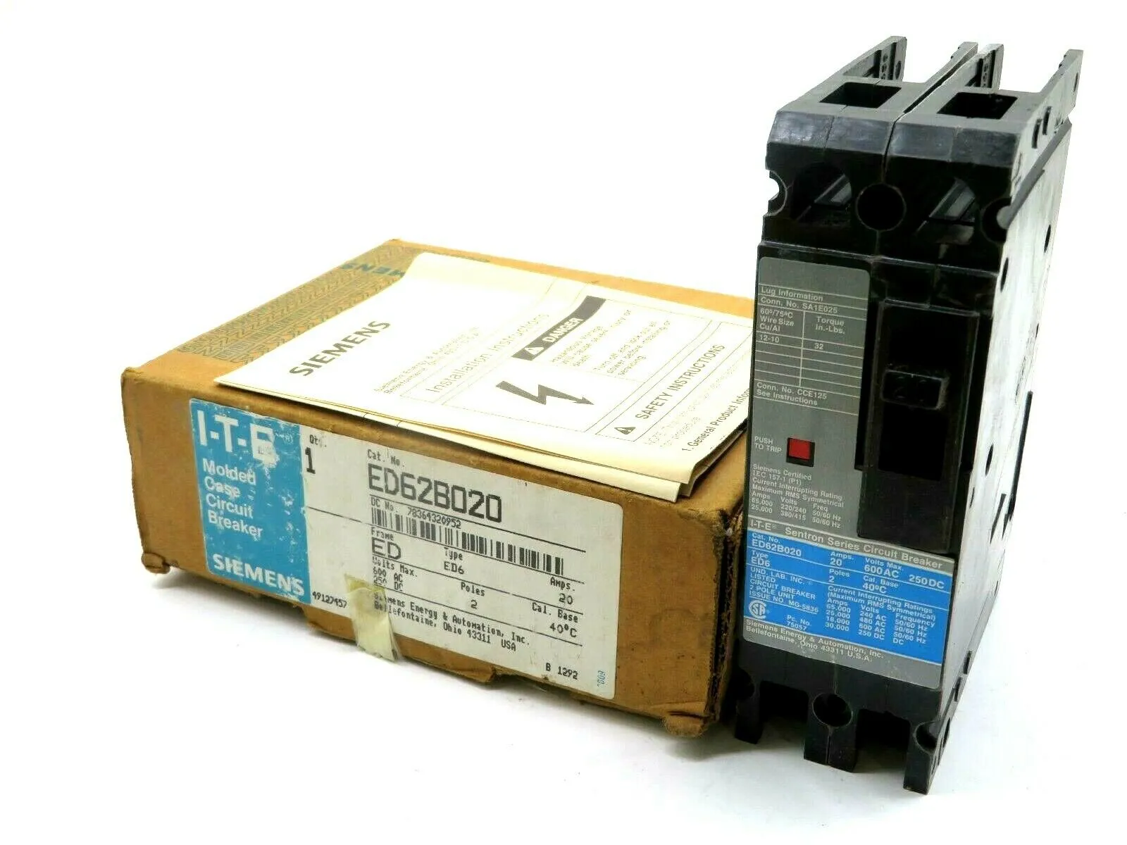 NEW SIEMENS ED62B020 CIRCUIT BREAKER 600AC 250DC 2 POLES