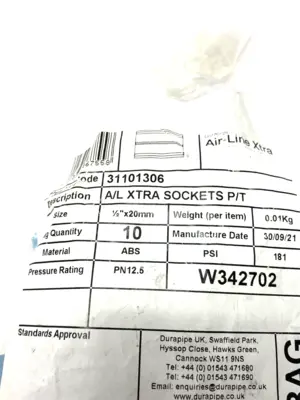 NEW DURAPIPE AIR-LINE XTRA REINFORCED SOCKET FITTING 1/2" X 20MM