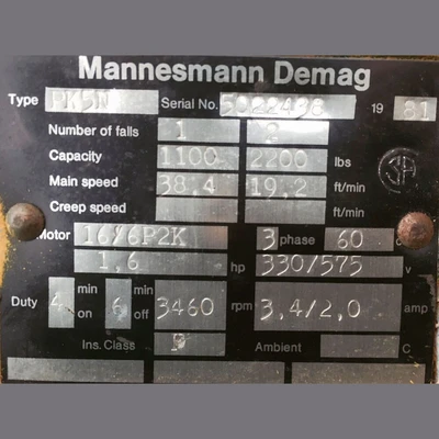 Demag 1 Ton Electric Chain Hoist