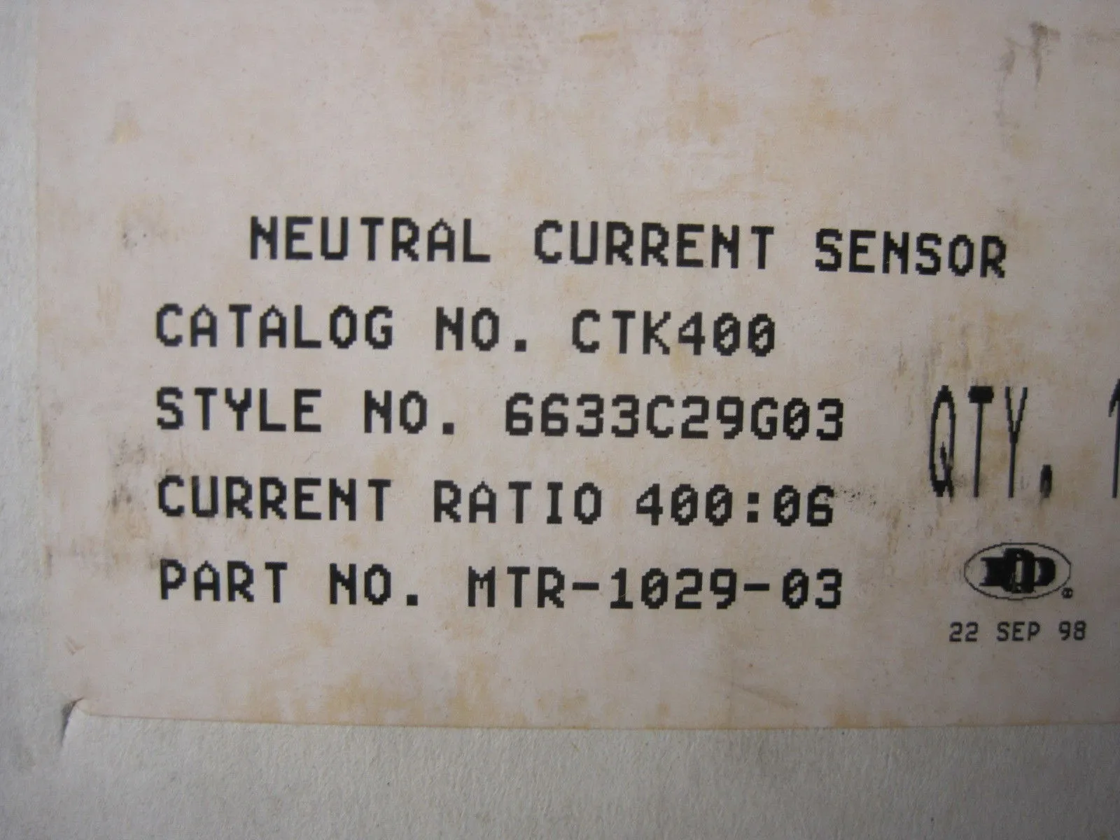 NEW CUTLER HAMMER CTK400 NEUTRAL CURRENT SENSOR