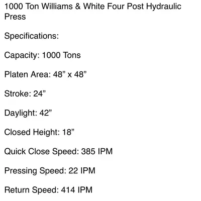 1000 TON WILLIAMS & WHITE HYDRAULIC 4-POST PRESS: STOCK #18310