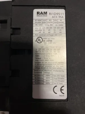 RAM Industries RI1D9511 AC3: 95A Contactor 600V 120V coil