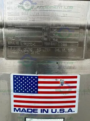 USED PRECISION STAINLESS 600 LITER STAINLESS STEEL JACKETED REACTOR 45 PSI