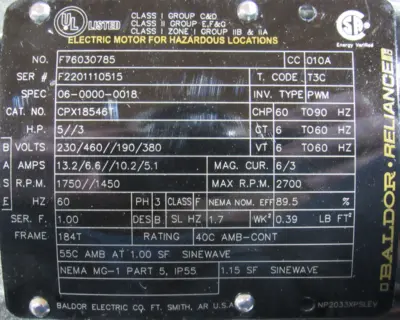 NEW BALDOR CPX18546T MOTOR 5HP 184T 1-1/8" DIA. 230/460V