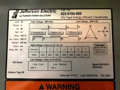 Factory New 30 KVA Dry Type Transformer 480 Delta 208Y/120 10 Year Warranty 423-9194-000