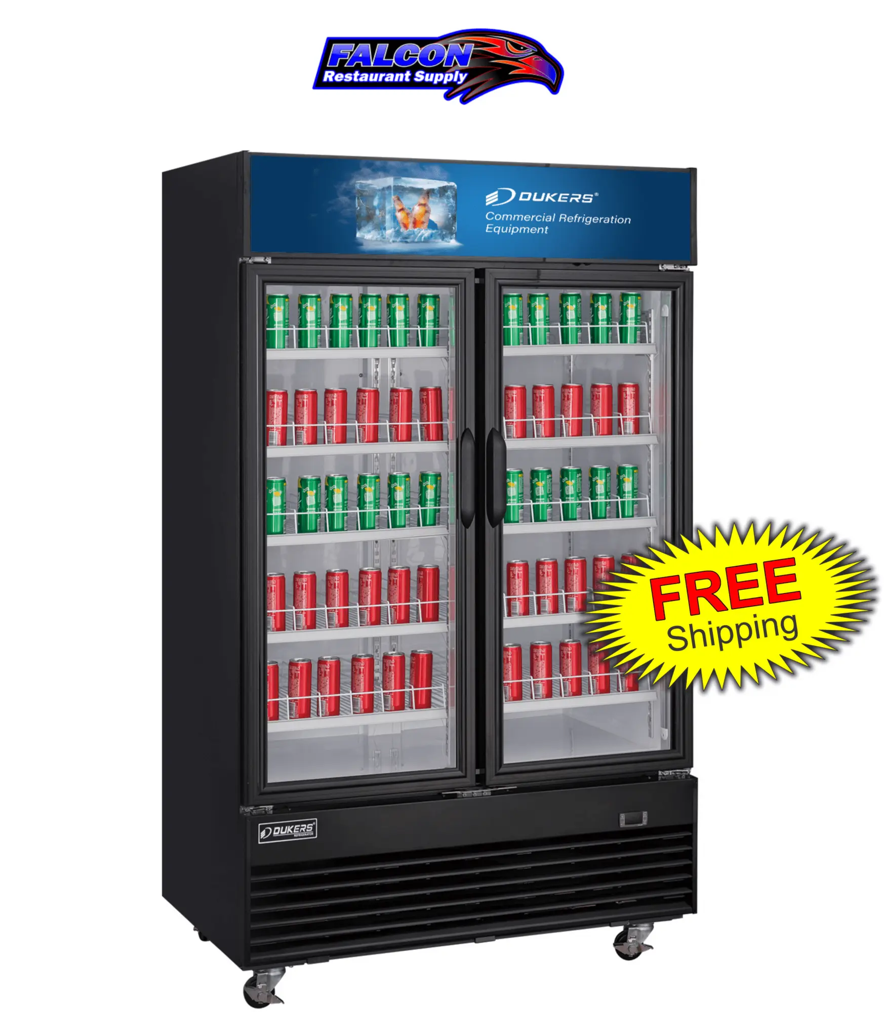 New | in-Stock Dukers New Dukers DSM-33R Commercial Glass Swing 2-Door Merchandising Reach-in Cooler Refrigerator Display Refrigerators Illinois US | Falcon Restaurant Supply #1376392