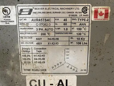 USED BEAVER ELECTRICAL MACHINERY AVR45TS4C
