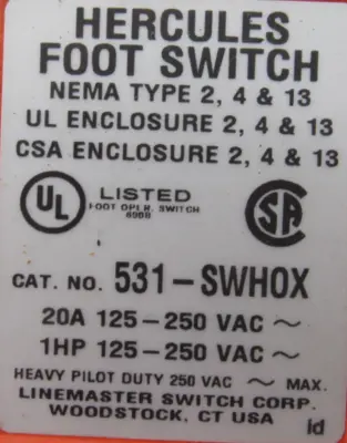 NEW LINEMASTER 531-SWH0X FOOT SWITCH 531SWH0X