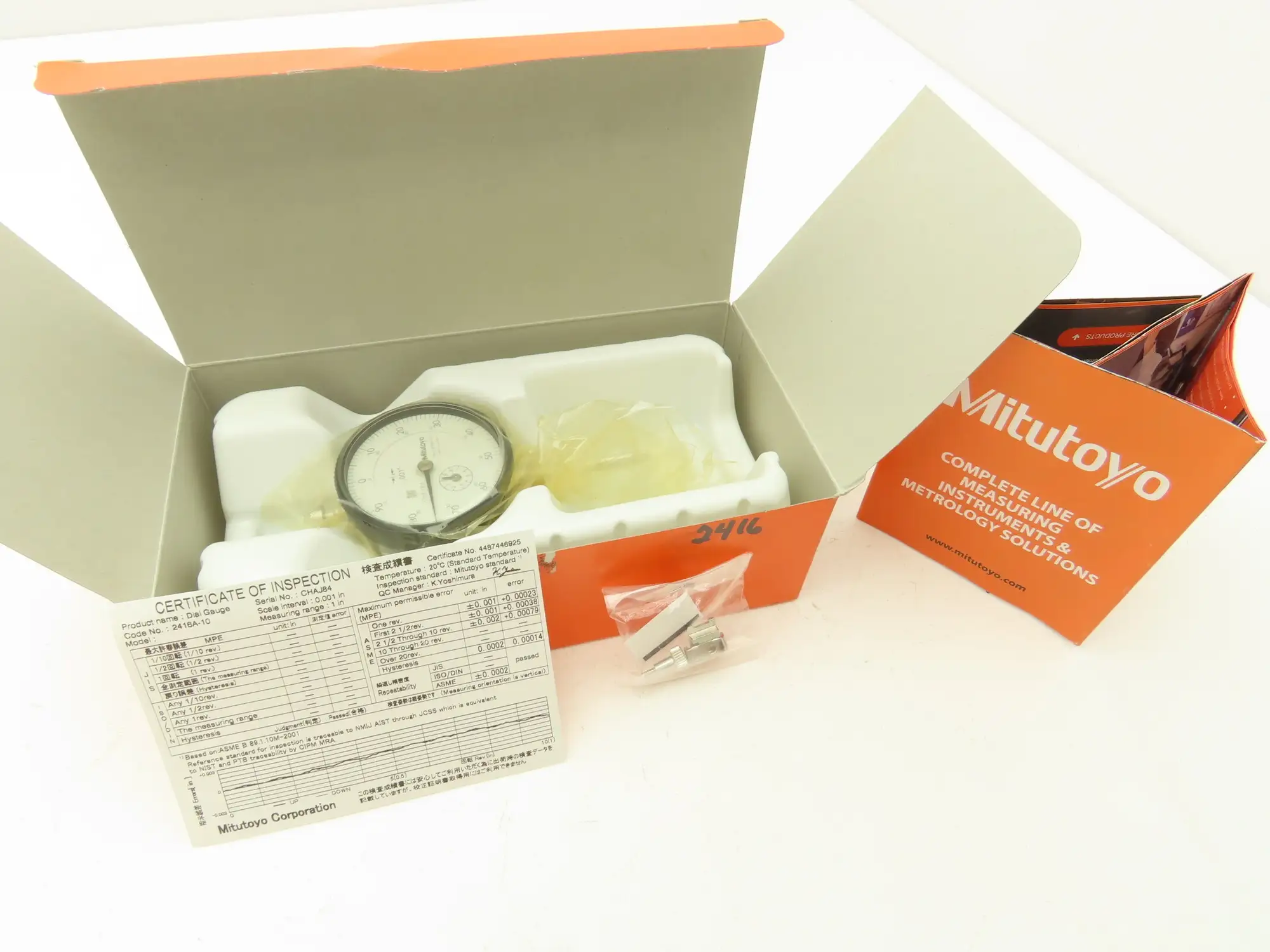 Mitutoyo 2416A-10 Dial Drop Indicator 0-100 Dial 0-1" Range .001" Grad
