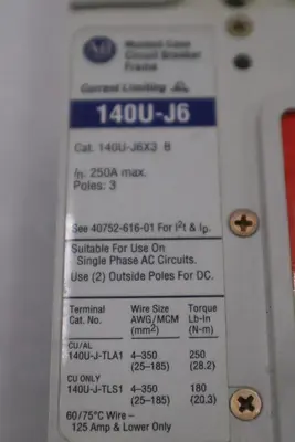 Allen Bradley 140U-J6X3 100A 3P 600V AC 250V DC Circuit Breaker STOCK H1867