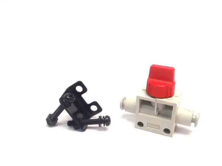 Used SMC RED MANUAL FINGER VALVE FOR 5/32 TUBING W/ BRACKET Miscellaneous MRO | Maverick Industrial Sales #1121991
