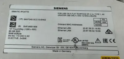 USED SIEMENS 6AV7240-3CC10-0HA2 OPERATOR INTERFACE 15" IPC477D