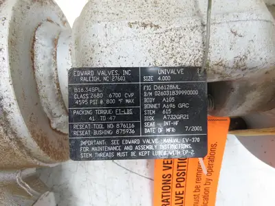 Edward D66128ML Univalve Y-Pattern Globe Valve 4" Butt Weld 4595psi B16.34SPL