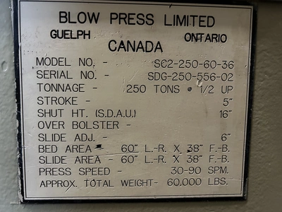 Used 2002 BLOW PRESSES BLOW SC2-250-60-36 PRESS Straight Side Presses | Alma Machinery #898783