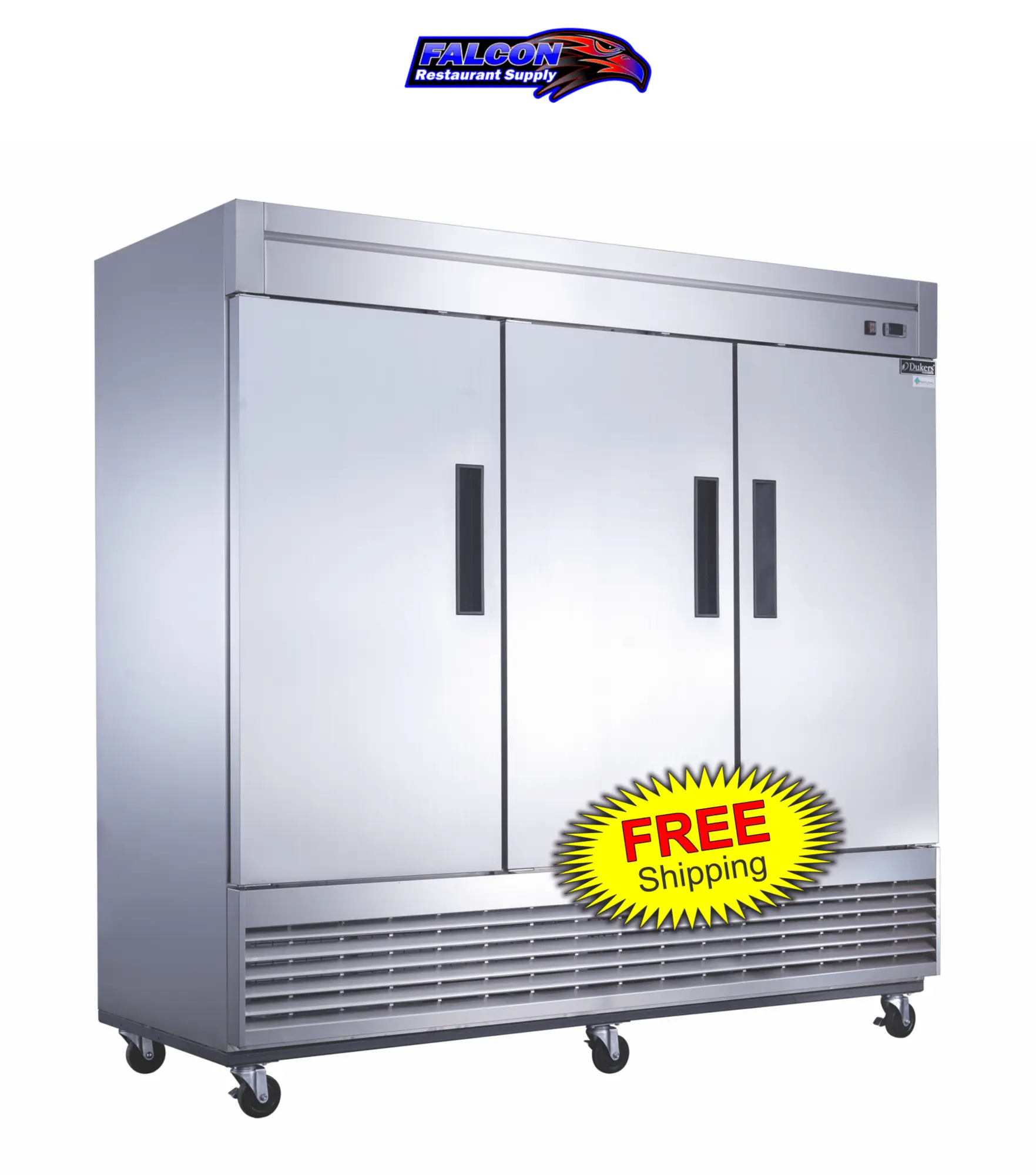 New | in-Stock Dukers New Dukers D83R Stainless Steel Solid 3-Door Commercial Reach-in Refrigerator Refrigerators Illinois US | Falcon Restaurant Supply #1376262
