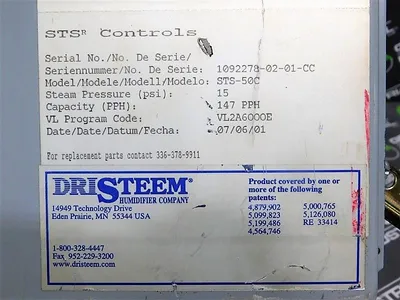 DriSteem STS-50C Steam-to-Steam Humidifier Controller 147 PPH Cap. 15 PSI Used