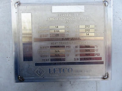 Letco Industries Vessel , 316ss Year 2012