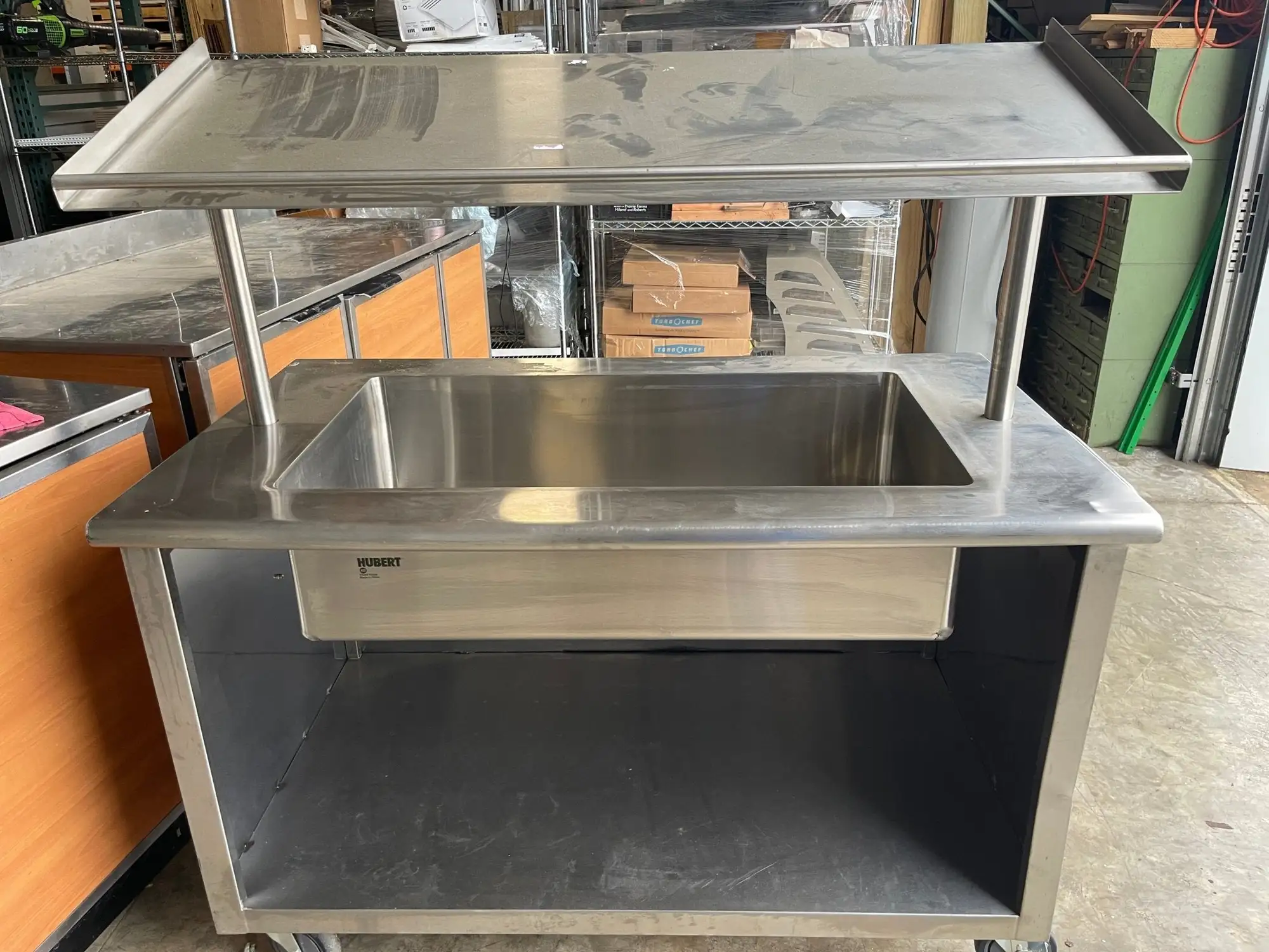 Used Hubert Used 52" Hubert 76306 Stainless 3 Pan Mobile Ice Down Bar Food Service Cart - SS309 Bar Equipment Illinois US | Falcon Restaurant Supply #1375698