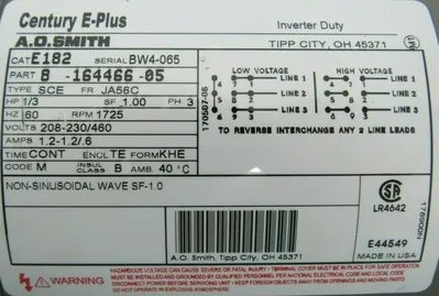NEW CENTURY E182 MOTOR 1/3HP 1725RPM 208-230/460V 8-164466-05 5/8" DIA.
