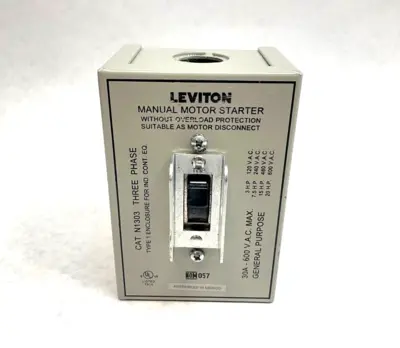 USED LEVITON THREE-POLE AC MANUAL MOTOR CONTROLLER 30A 600V 3-PHASE