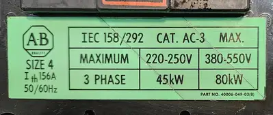 Allen-Bradley 702EOD93 Ser. P Size 4 Contactor CAT. AC-3 Loc4E45