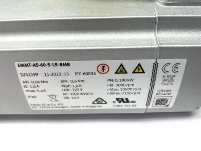 USED FESTO SERVO MOTOR, AC SYNCHRONOUS, 190W 60MM FLANGE 5242199