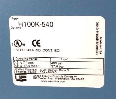 NEW UNITED ELECTRIC H100K-540 PRESSURE SWITCH H100K540