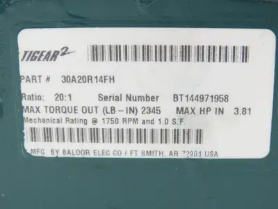 Dodge 30A20R14FH Tigear 2 Worm Gearbox 20:1 Reducer 87rpm 3.8Hp RH 143/145TC