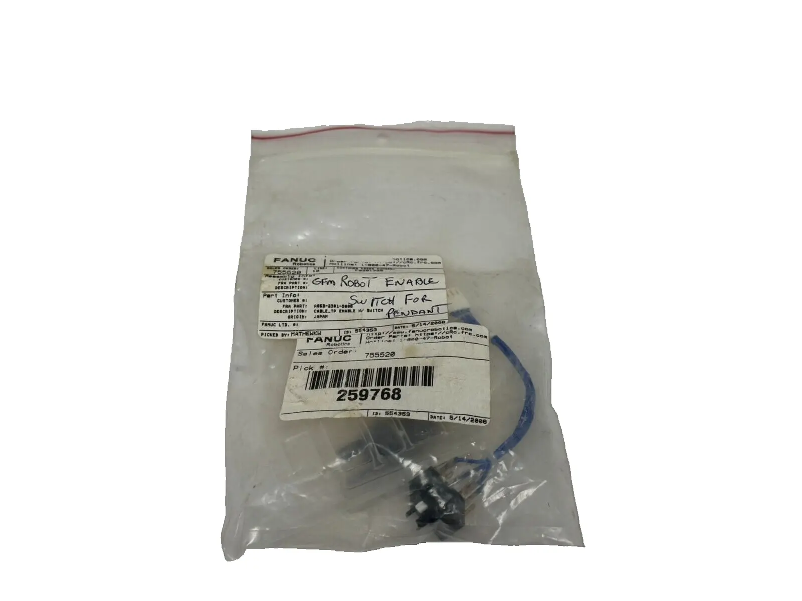 NEW FANUC A05B-2301-D008 CABLE-TP ENABLE W/ SWITCH