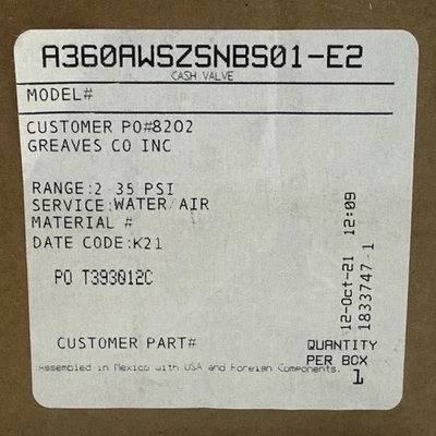 NEW Cash Valve A360AWSZSNBS01-E2