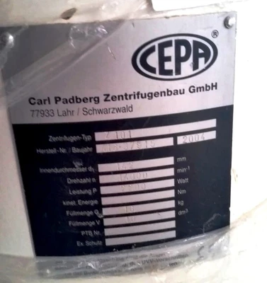 Cepa Z101 tubular bowl centrifuge, 316SS.