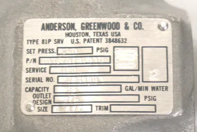 NEW ANDERSON, GREENWOOD & CO. N06.1078.001 DIRECT SPRING SAFETY VALVE 150PSIG