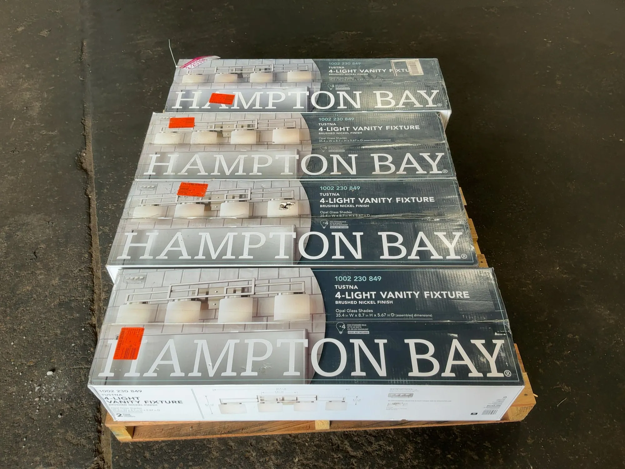 (4) Hampton Bay Tustna 4-Light Vanity Light Fixtures, Brushed Nickel Finish, Opal Glass Shades, 35.4...
