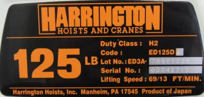 NEW HARRINGTON ED125DA-6 ELECTRIC HOIST 125LB 6FT LIFT 115V