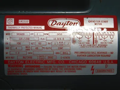 Dayton 5K960D Capacitor Start Motor 1HP 3450RPM 115/230V F56 Frame 60Hz New