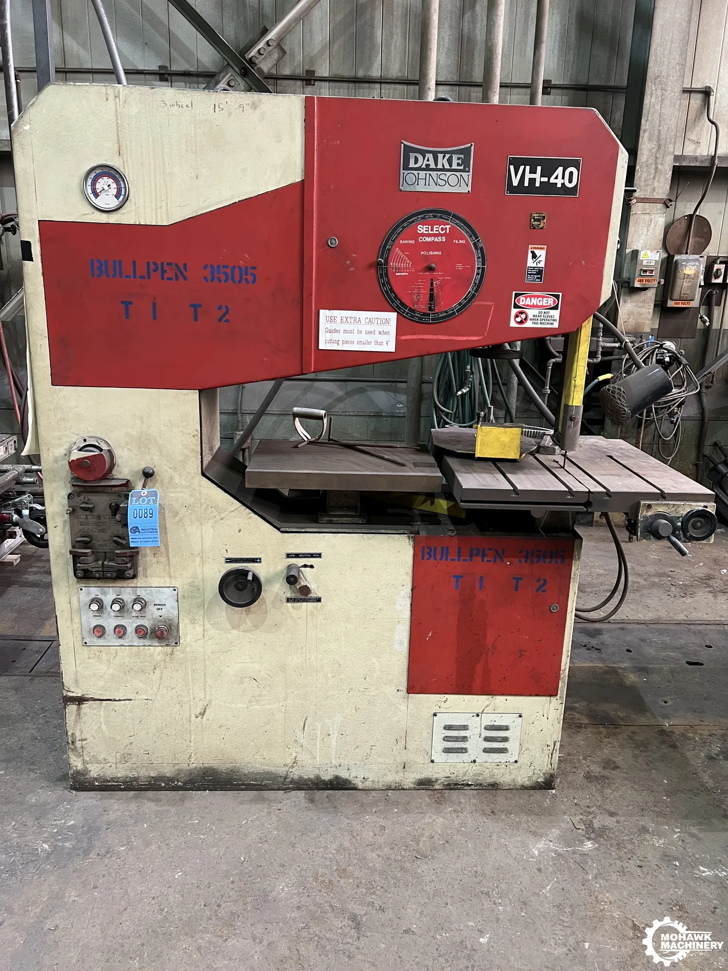 41" x 13" DAKE/JOHNSON "VH40" VERTICAL BAND SAW w/HYDRAULIC TRAVEL TILT TABLE - BLADE WELDER & GRINDER