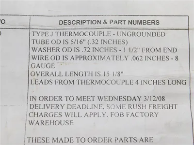 Unbranded Type J Ungrounded Thermocouple OD 5/16" 15-1/8" Long 4" Leads New