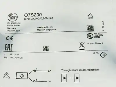 NEW IFM THROUGH-BEAM SENSOR TRANSMITTER, RED LIGHT, O7S-OOKG/0,20M/AS